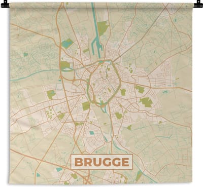 Wandkleed - Wanddoek - Brugge - Kaart - Plattegrond - Brugge - Stadskaart - 180x180 cm - Wandtapijt