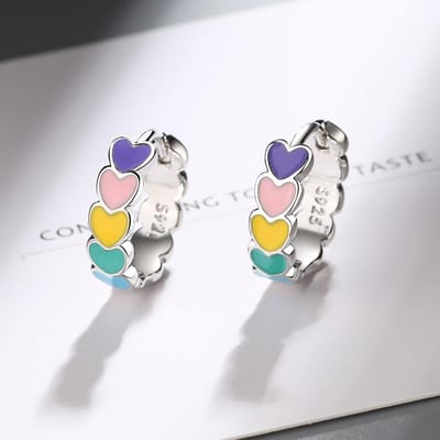 Boucles d'oreilles créoles en argent sterling 925 véritable pour femmes, style coréen, cœur arc-en-ciel, émail, accessoires de mariage gray