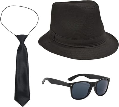 Volwassen gangster kostuum voor themafeesten met zwarte fedora, zwarte stropdas en zonnebril, perfect voor Gatsby en jaren '20 evenementen