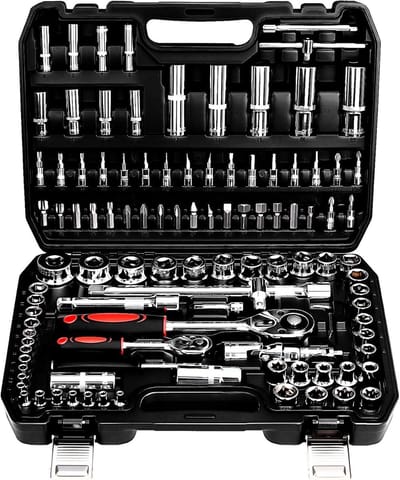 108-delige Steeksleutelset met Ratelsleutels en Cr-V Inzetstukken voor 1/4 Inch en 1/2 Inch - 72 Tanden, Handgereedschap en Gereedschapskoffer
