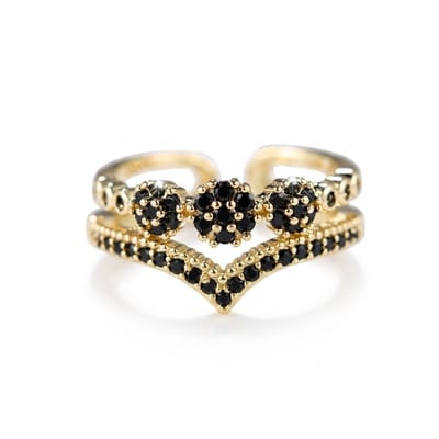 Goudkleurige ring dames aanschuifring open ring dubbele laag V vorm bloemen design zwarte steentjes verstelbare ring minimalistische sieraden