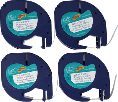 Dappaz - 4 stuks Dymo Compatible Label tape 91201 Zwart op Wit - 12 mm x 4 m - Geschikt voor Dymo LetraTag Labelprinter - S0721610