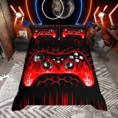 Homewish Jongens Gamer Gaming Dekbedovertrek Set Neon Lichten Honingraat Beddengoed Zwart Omkeerbare Dekbedovertrek Set AU Double(180*210cm)3pcs