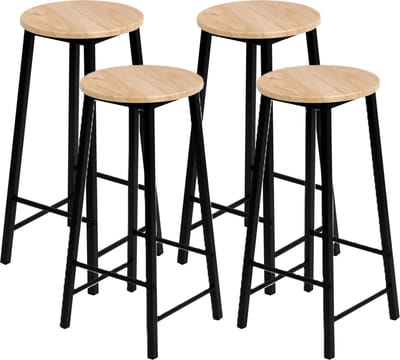 Urban Living Barkrukken set van 4x stuks - zwart/beige - metaal/hout - D30 x H70 cm