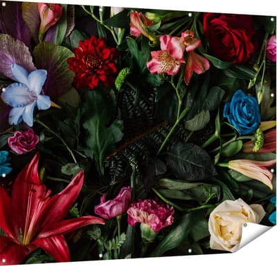 Gards Tuinposter Kleurrijke Bloemen met Groene Bladeren - 150x120 cm - Tuindoek - Tuindecoratie - Wanddecoratie buiten - Tuinschilderij