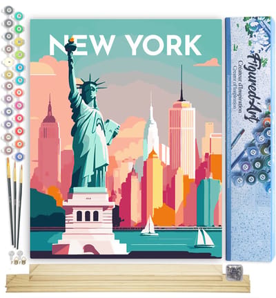 Figured'Art Schilderen op Nummer Volwassenen canvas Reisposter New York- Handwerk acrylverf Kit DIY Compleet - 40x50cm met DIY houten lijst