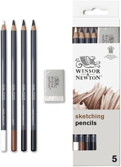 Winsor & Newton 0490009 Studio Collection Sketchpotloden Set x5 met Gum – Houtskool & Sepia Tekenpotloden voor Schetsen