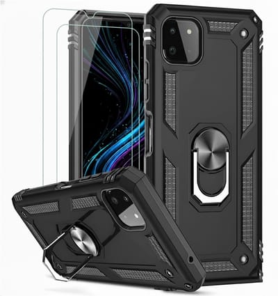 HB Hoesje Geschikt voor Samsung Galaxy A22 5G Zwart & 2X Glazen Screenprotector - Anti-Shock Hybrid Armor Back Cover - Hoes met Kickstand Ring