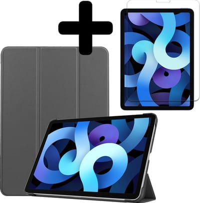 Hoesje - Geschikt voor Apple iPad Air 4 (2020) - 10.9 inch - 4e Generatie - Met Screenprotector - Hardcover Book Case - Trifold Bookcase Hoes - Hard Cover - Tablethoes - Grijs