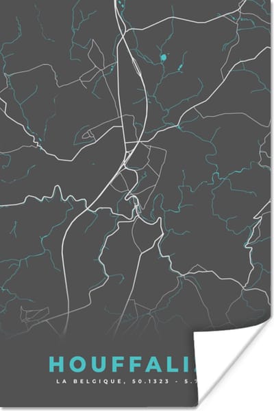 Poster Kaart – Plattegrond – Stadskaart – Houffalize – België - Grijs - 120x180 cm XXL