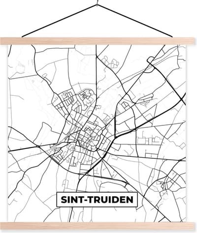 Posterhanger incl. Poster 40x40 cm - Schoolplaat - Stadskaart – Plattegrond – België – Zwart Wit – Sint Truiden – Kaart - Textielposter - Blanke latten - Stadskaart