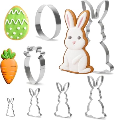 Set van 7 paaskoekjesvormpjes voor het maken van leuke koekjes: konijn, wortel en ei, perfect voor Pasen en feestelijke bakprojecten