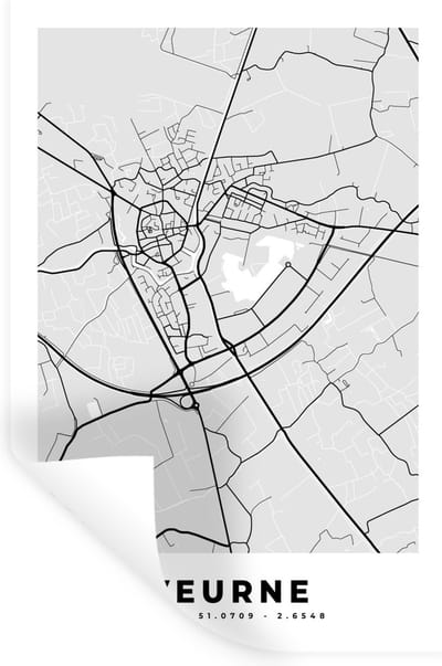 Muurstickers - Sticker Folie - Zwart Wit – België – Plattegrond – Stadskaart – Kaart – Veurne - 20x30 cm - Plakfolie - Muurstickers Kinderkamer - Zelfklevend Behang - Zelfklevend behangpapier - Stickerfolie