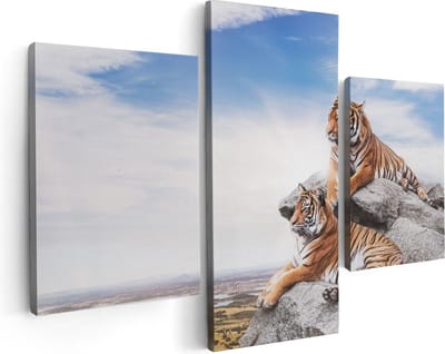Artaza Canvas Schilderij Drieluik Twee Tijgers Op Rotsen Met Het Blauwe Lucht - 90x60 - Foto Op Canvas - Canvas Print
