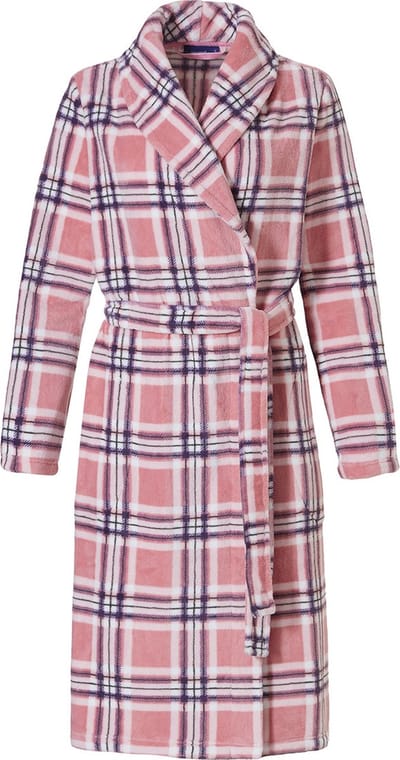 Dames badjas roze – zacht fleece – warm – ruitpatroon – Pastunette – maat L (44/46)
