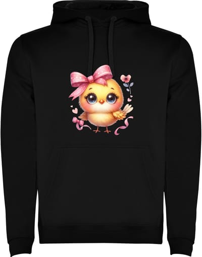 Zwarte Hoodie Kleurrijke Grappige Vogel - Schattig - Grote Strik en Bloem - Cartoon - Humor Maat M