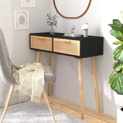 Consoletafel - Haltafel Sidetable - Opbergen en Decoreren - Natuurlijk Rotan Weefsel - 80 x 30 x 75 cm - Zwart