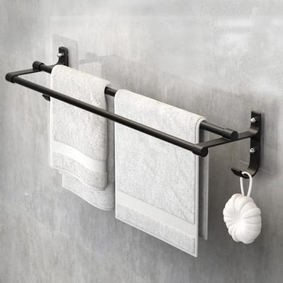 Handdoekenrek Wandmontage - Dubbele Handdoekhouder - Badkamer Organisatie - Zelfklevend Zonder Boren - 40cm Lengte - Zwart