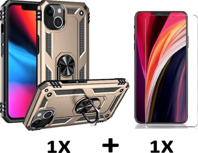 HB Hoesje Geschikt voor Apple iPhone 13 - Goud / Glazen Screenprotector - Anti-Shock Hybrid Armor Back Cover - Hoes met Kickstand Ring