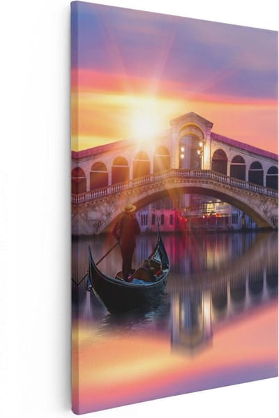 Artaza Canvas Schilderij Rialtobrug - 20x30 cm - Klein - Wanddecoratie Venetië - Muurdecoratie Zonsondergang - Kamer Accessoires Italië