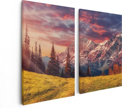 Artaza Canvas Schilderij Tweeluik Alpen Landschap Met Een Kleurrijke Hemel - 80x60 - Foto Op Canvas - Canvas Print