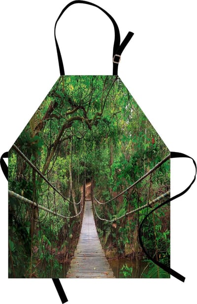 ABAKUHAUS Kookschort met houten brug, Thaise groene tinten jungle, vuil- en waterdicht, geschikt voor buitengebruik, meerkleurig