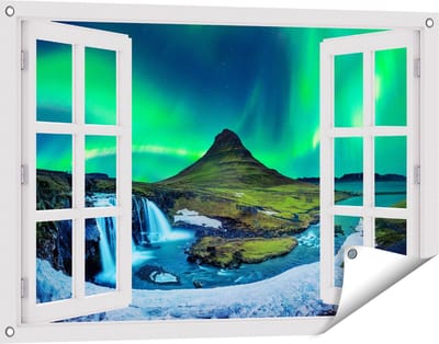 Gards Tuinposter Doorkijk Noorderlicht bij de Watervallen in IJsland - 90x60 cm - Tuindoek - Tuindecoratie - Wanddecoratie buiten - Tuinschilderij