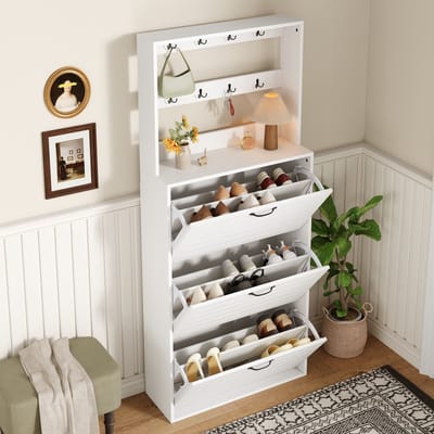 Schoenenkast Wit met Haken - Smalle Opbergkast voor Schoenen en Accessoires - 3-Deurs Kapstok voor Gang en Hal - 70x25x163 cm