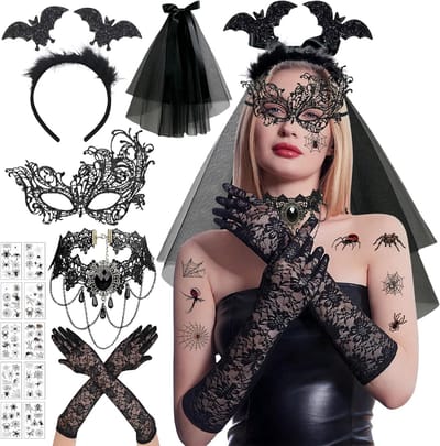 Halloween Kostuum Accessoires voor Vrouwen - Venetiaans Masker, Gothic Sieraden, Sexy Kanten Handschoenen en Hoofdband voor Carnaval en Maskerade Feesten