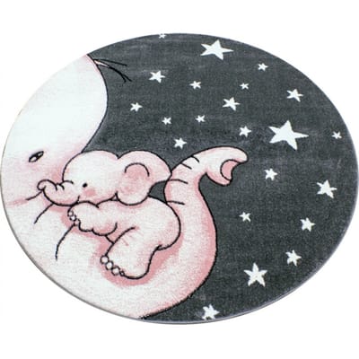 Tapijtenloods Kids Olifant Rond Vloerkleed Kinderkamer Roze / Grijs Laagpolig- 160 CM Ø
