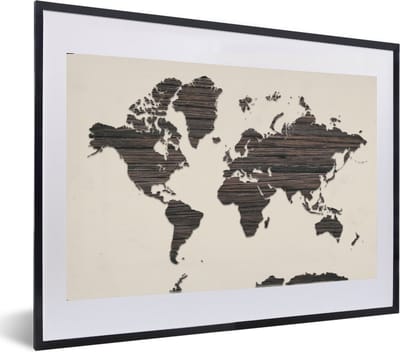 Poster in lijst - Fotolijst 60x40 cm - Posters - Wereldkaart - Bruin - Hout - Posterlijst zwart - Decoratie - Wanddecoratie woonkamer - Muurdecoratie slaapkamer