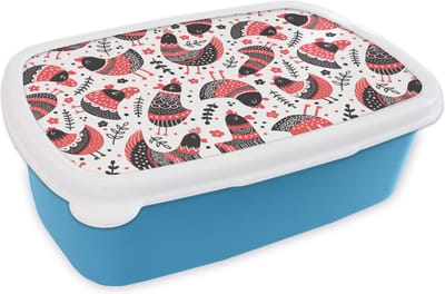Broodtrommel Blauw - Lunchbox - Brooddoos - Vogel - Kip - Patroon - 18x12x6 cm - Kinderen - Jongen