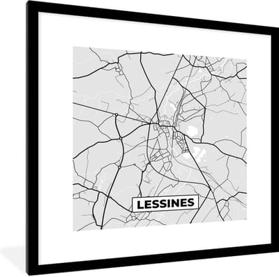 Fotolijst incl. Poster Zwart Wit- België – Lessines – Stadskaart – Kaart – Zwart Wit – Plattegrond - 40x40 cm - Posterlijst