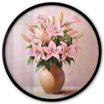 Poster in lijst Rond - Fotolijst 40x40 cm - Posters - Vaas - Bloemen - Roze - Ronde posterlijst zwart - Decoratie - Wanddecoratie woonkamer - Muurdecoratie slaapkamer