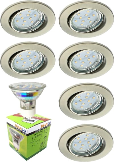 Trango Set van 6 LED plafondspots 6729-062GUSDAK in RVS look rond incl. 6x 5 Watt 3-traps dimbaar GU10 LED lamp 3000K warm wit lichtgevende, inbouwspot, plafondlamp