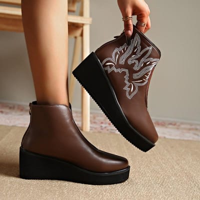 Maat 36- 42 Dames Enkellaarzen Leren Hakken Wintermode Print Sleehak Warme Laarzen Pluche Dames Chelsea Gothic 42