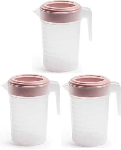 Plasticforte Waterkannen met deksel - 3x stuks - 1 liter - roze/ transparant - kunststof - schenkkan karaf