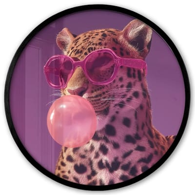 Poster in lijst Rond - Fotolijst 40x40 cm - Posters - Panter - Zonnebril - Kauwgombel - Roze - Ronde posterlijst zwart - Decoratie - Wanddecoratie woonkamer - Muurdecoratie slaapkamer