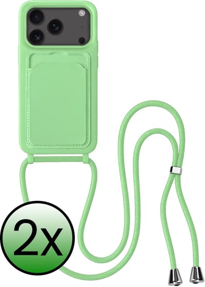 Hoes Geschikt voor iPhone 17 Pro Hoesje Pas Houder Case Hoes Met Koord - Hoesje Geschikt voor iPhone 17 Pro Hoes Met Telefoonkoord Pasjeshouder Cover - Groen - 2 Stuks