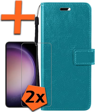 Hoes - Met 2x Screenprotector - Geschikt voor Samsung Galaxy S23 - Luxe Pasjeshouder - Bookcase Portemonee - Flip Case - Kunstleer Book Case - Flipcase Hoes - Book Cover - Walletcase - PortemonneeHoes - Turquoise