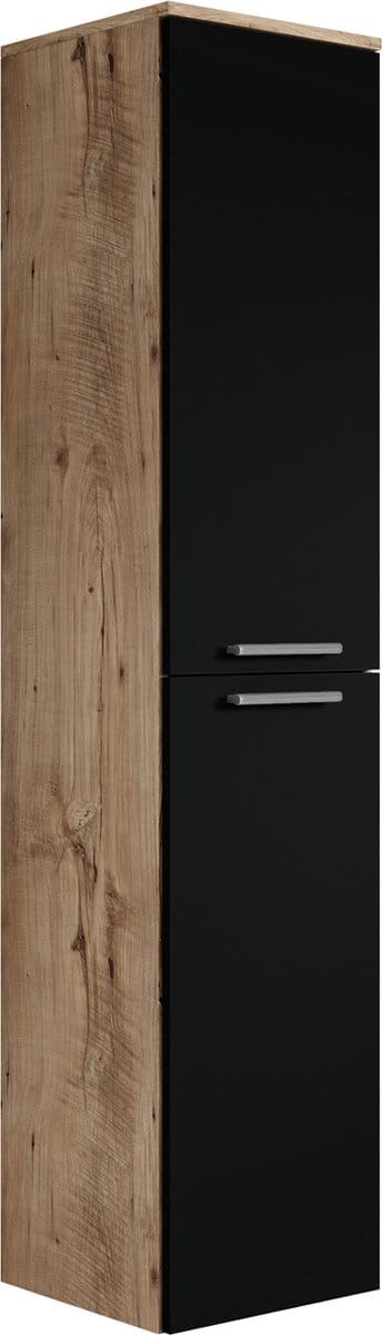 Badplaats Badkamerkast Venus 30 x 30 x 160 cm - Kastanje Eiken met Mat Zwart - Hangende Kolomkast met Twee Deuren