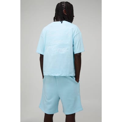 Oversized Boxy T-shirt & Baggy Short Set Met Geborduurd Luxe Jacht Motief | Blue | Size XS