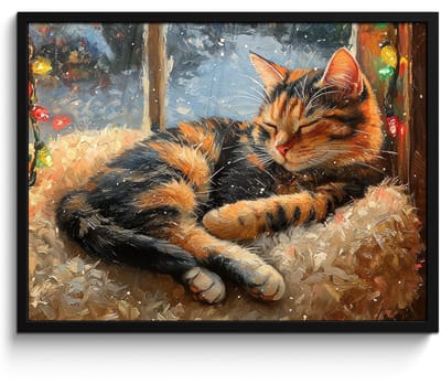 Poster in lijst - Fotolijst 70x50 cm - Posters - Kat - Kerst - Winter - Dier - Posterlijst zwart - Decoratie - Wanddecoratie woonkamer - Kerstdecoratie voor binnen - Kerstversiering - Kerstmis versiering in huis - Kerstaccessoires