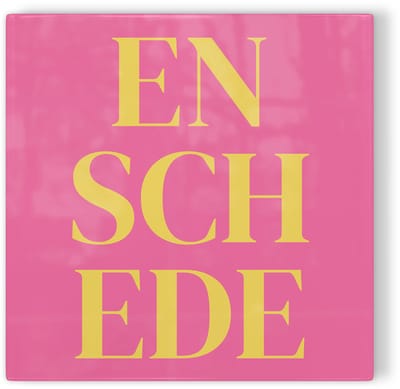 Tegeltje Enschede - roze geel - tegeltje stad - tegeltje met tekst