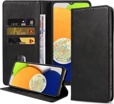 Smartphonica Samsung Galaxy A03 kunstleren hoesje met magnetische sluiting en pashouders book case - zwart geschikt voor Samsung Galaxy A03