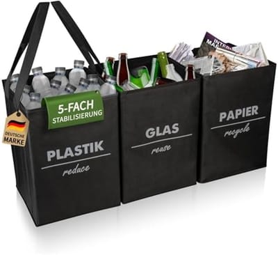 PromoHome 3-voudig opvouwbaar afvalscheidingssysteem met 5-voudige stabilisatie, 115 liter recyclingcontainer van robuust polyester materiaal voor keuken, bergruimte en camping
