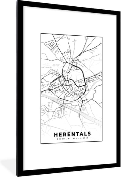 Fotolijst incl. Poster Zwart Wit- Stadskaart – Plattegrond – België – Zwart Wit – Herentals – Kaart - 80x120 cm - Posterlijst