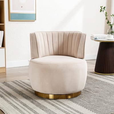 PugsdrlyModerne draaistoel 360 graden Ronde draaistoel Zachte fluweelafwerking Comfortabele rugleuning Stabiele structuur Salonstoelen Tonstoelen Geschikt voor de woonkamer, slaapkamer, kantoor, kleur beige
