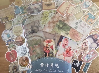 Vintage Sticker- en Papierset - Fairy Tale Wonderland - 104 stuks - Hobbbypapier - Bulletjournal - Scrapbooking - Kaarten maken - Stickers