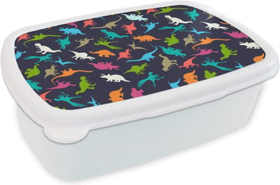 Broodtrommel Wit - Lunchbox - Brooddoos - Patronen - Dino - Kleuren - Jongens - Kinderen - Kids - Kind - 18x12x6 cm - Volwassenen